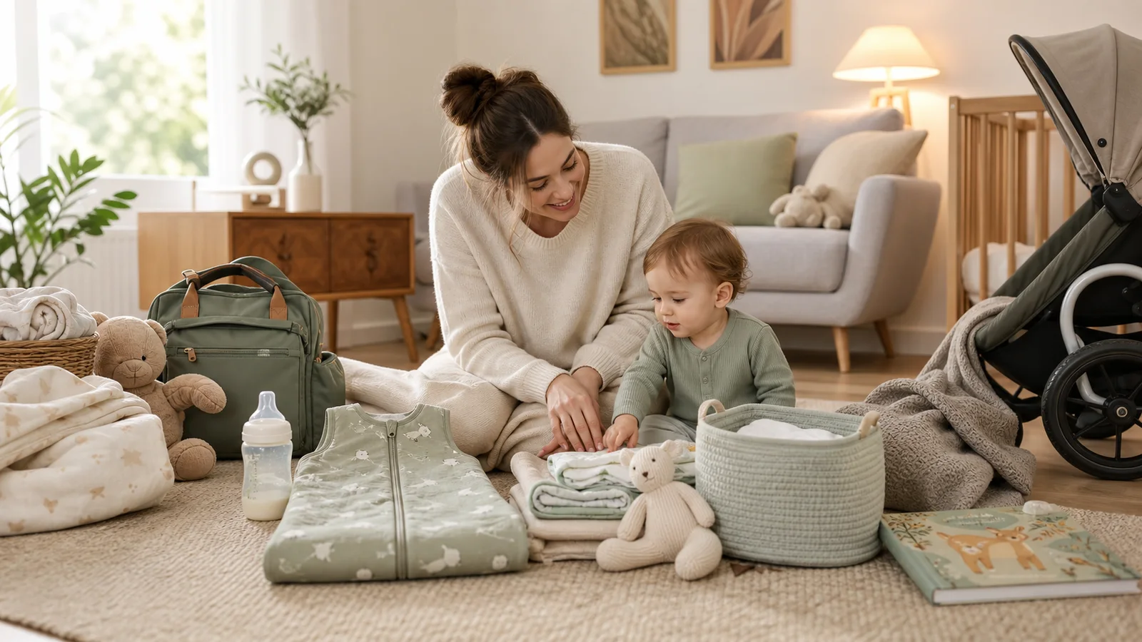 Parent and toddler sorting baby essentials in a nursery