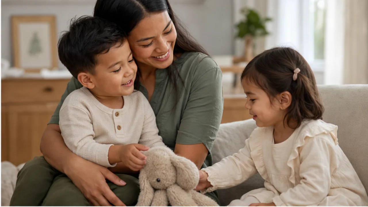 Parent sharing a quiet sofa moment with two young children