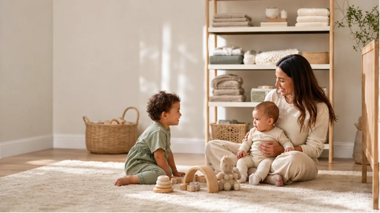 Parent sitting with a baby and toddler in a calm nursery