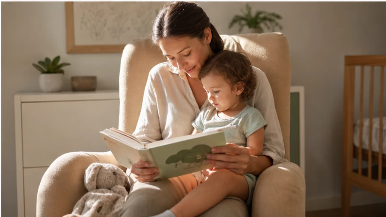 Parent reading with a toddler in a quiet nursery chair