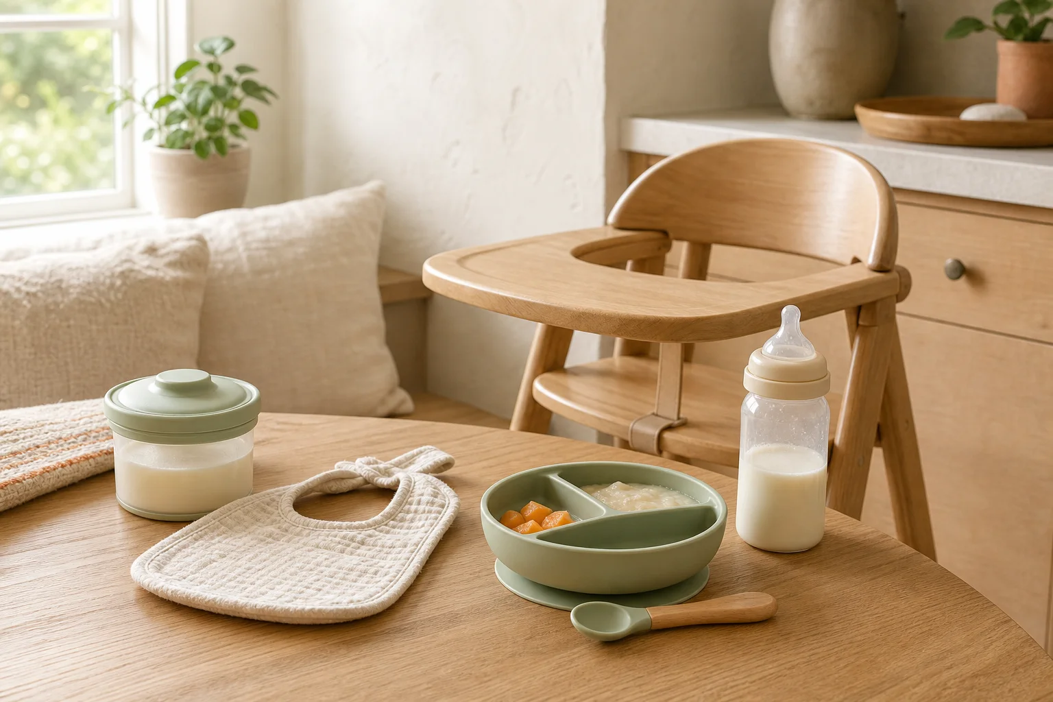 Wooden high chair with a baby bottle, bib, divided bowl, spoon, and milk storage container