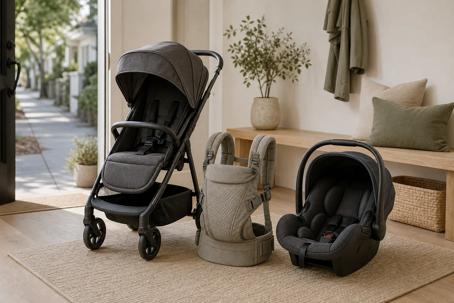 Compact stroller, soft baby carrier, and infant car seat arranged in a bright entryway