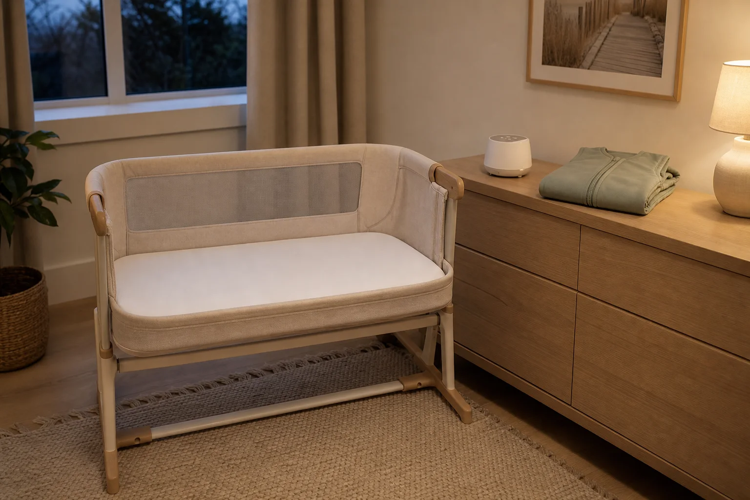 Empty bedside bassinet with a firm fitted mattress beside a folded sleep sack and sound machine