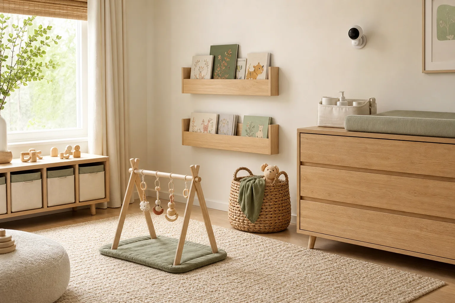 Organized modern nursery with book ledges, play gym, toy basket, changing dresser, and baby monitor