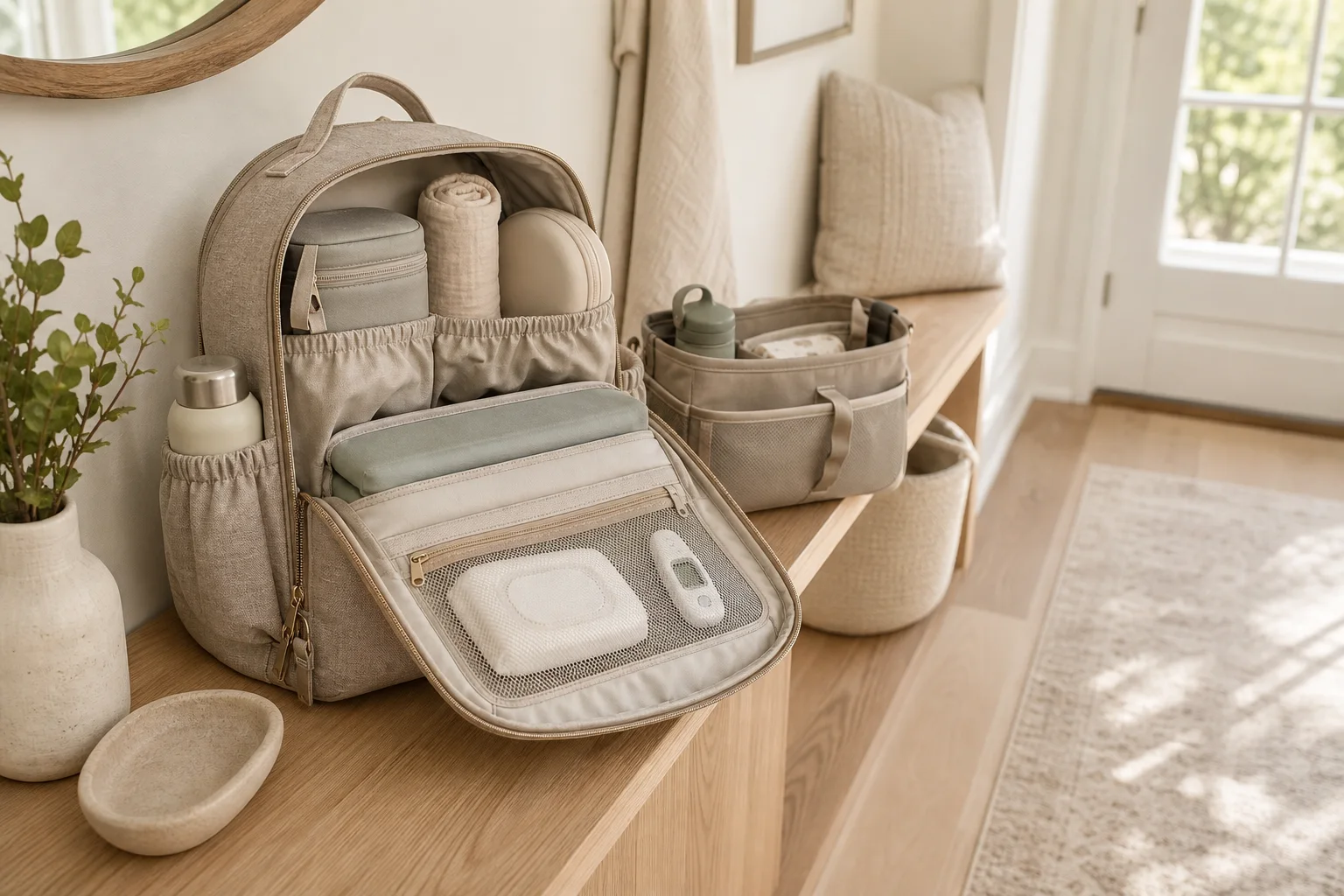 Organized diaper backpack with changing supplies, thermometer, bottle pocket, and stroller organizer
